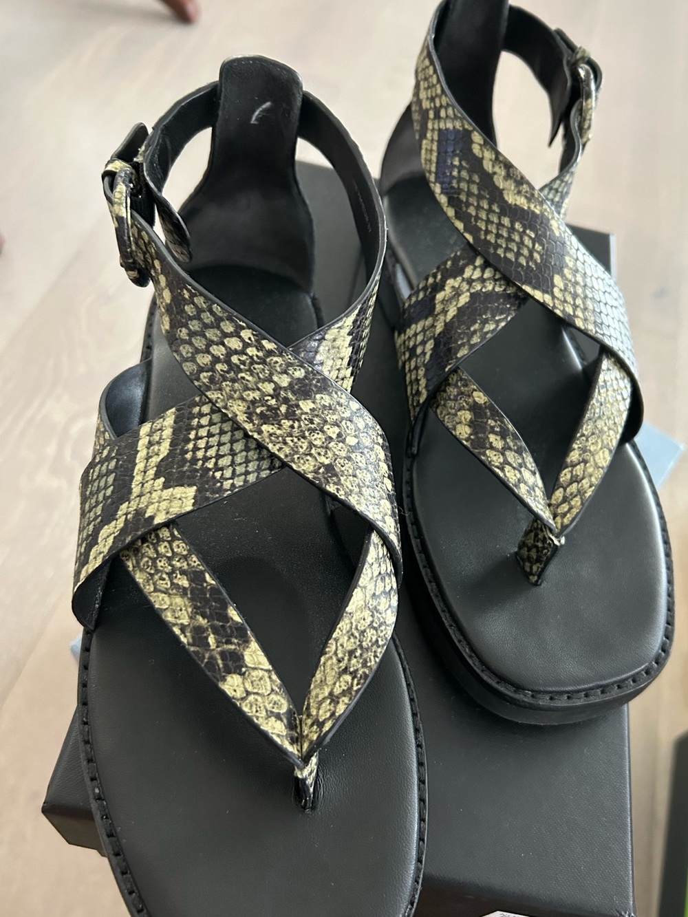Vince Black and Green Snake Skin Leather Sandals with Gold Snakeskin Straps